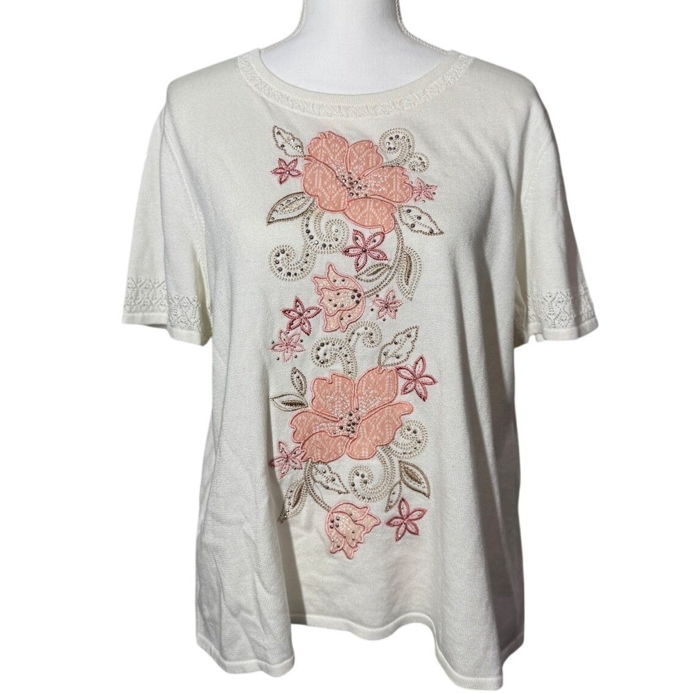 Alfred Dunner Floral Embroidered Knit Top Large Cream Short Sleeve Rhinestone EX
